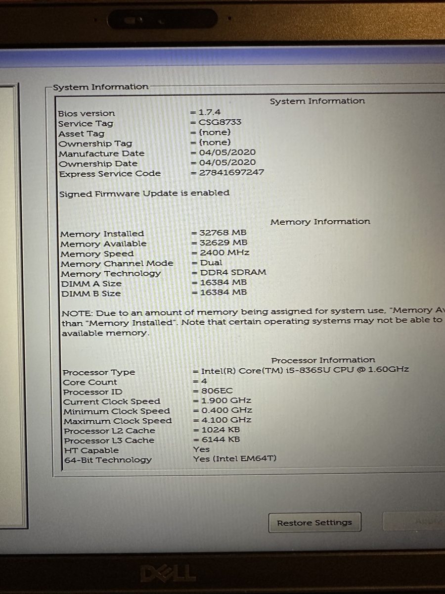 Dell Latitude 5500 — BIOS potvrzuje 32 GB RAM v režimu dual-channel