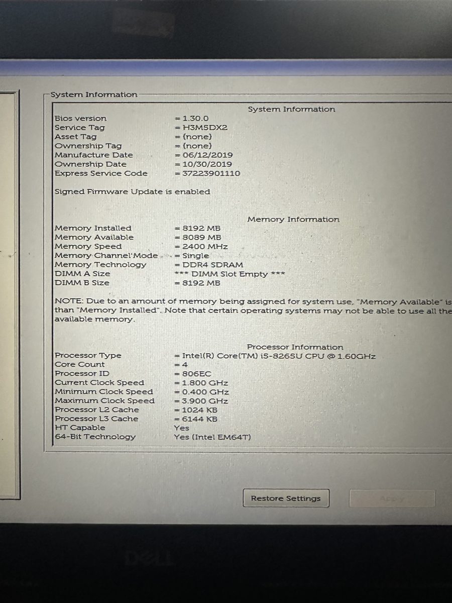 Dell Vostro 15 3000 — BIOS před upgradem, 8 GB RAM a prázdný slot DIMM A