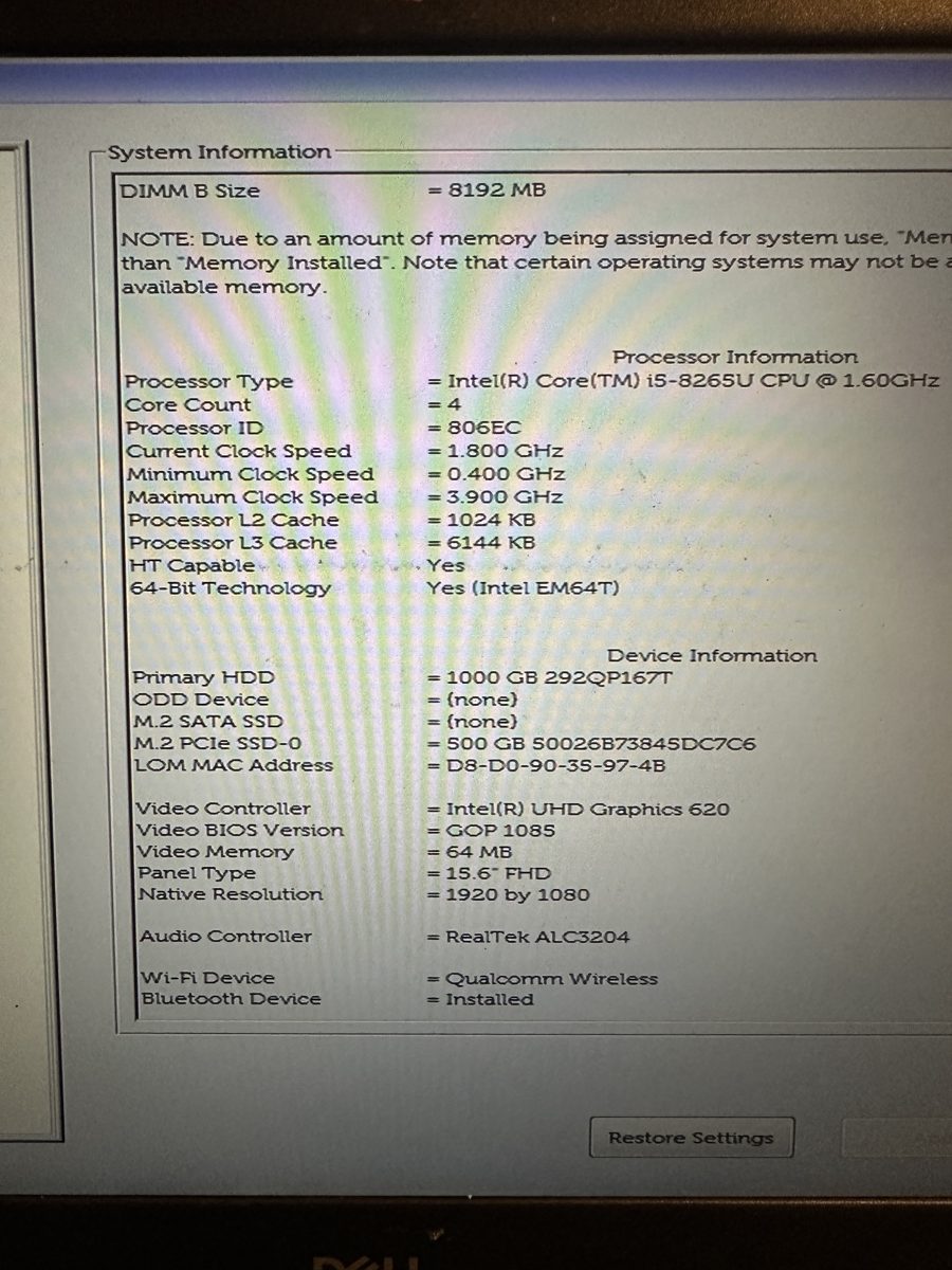 Dell Vostro 15 3000 — BIOS po instalaci NVMe SSD 500 GB