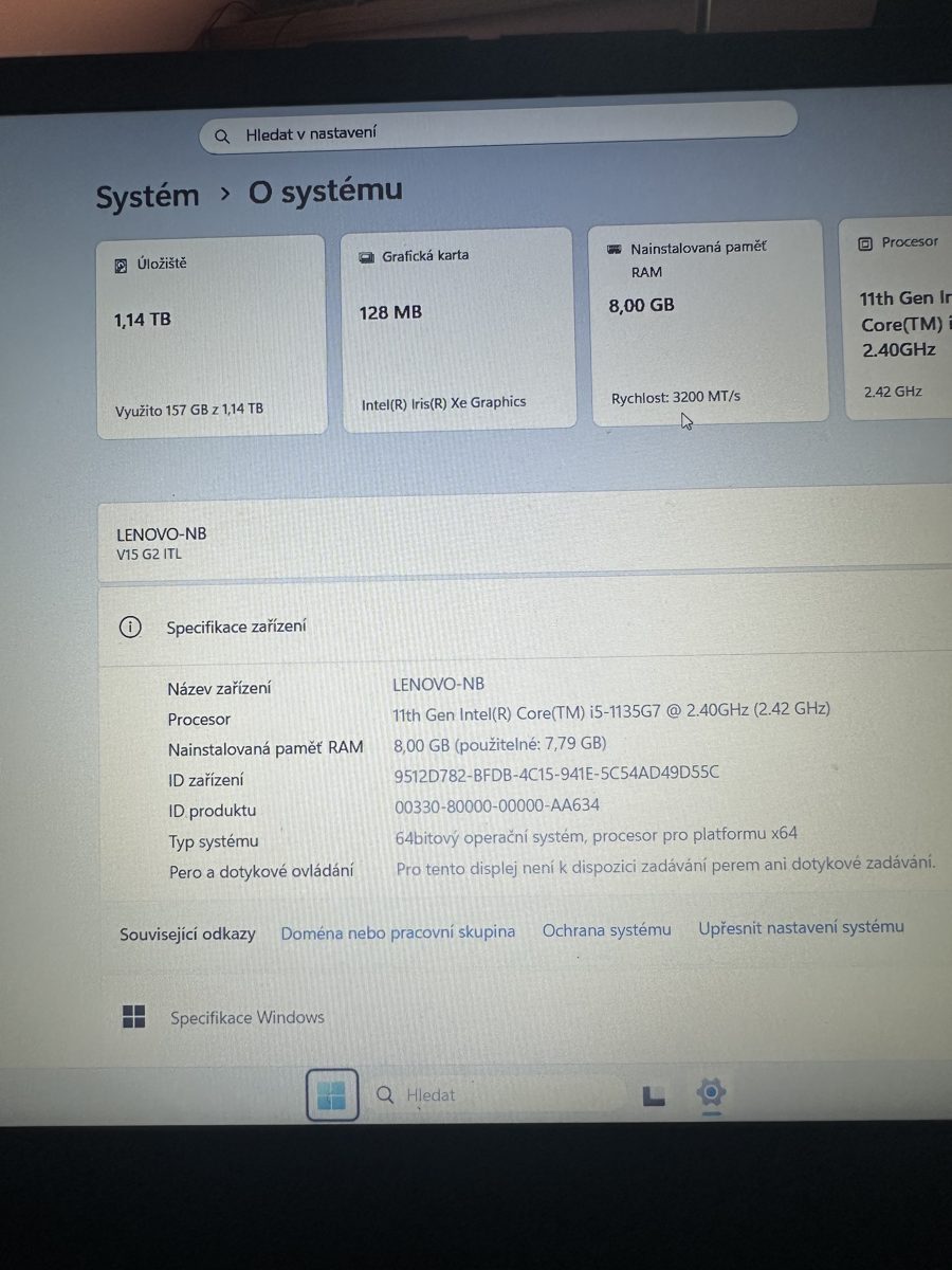 Lenovo V15 G2 ITL — informace o systému před upgradem, 8 GB RAM